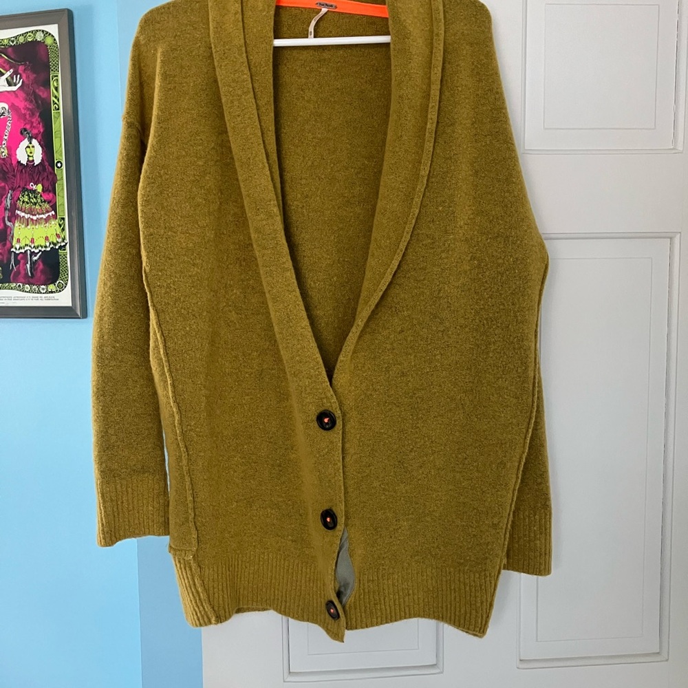 Free People Olive Green Shawl Collar Button Cardigan